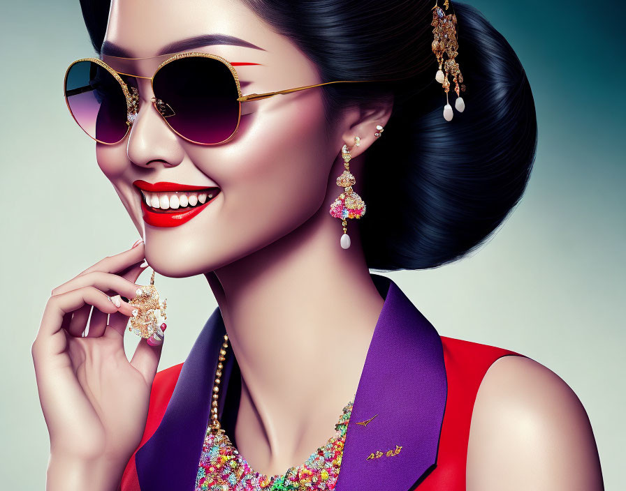 Stylized image of a smiling woman with sunglasses, red lipstick, and jewelry on light blue background