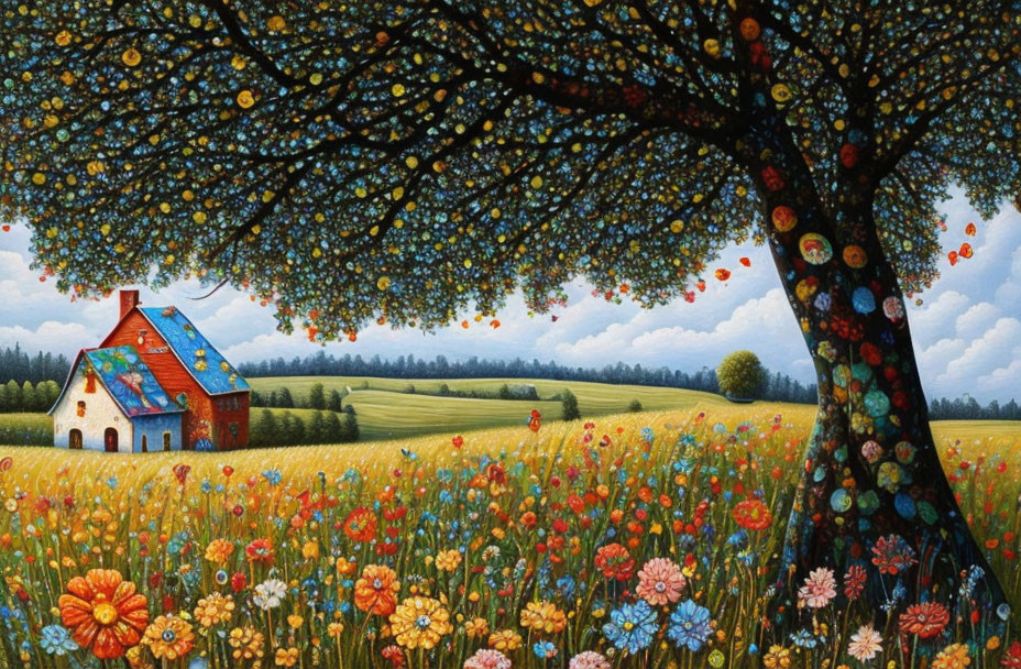 Colorful painting of whimsical tree and cottage in vibrant meadow