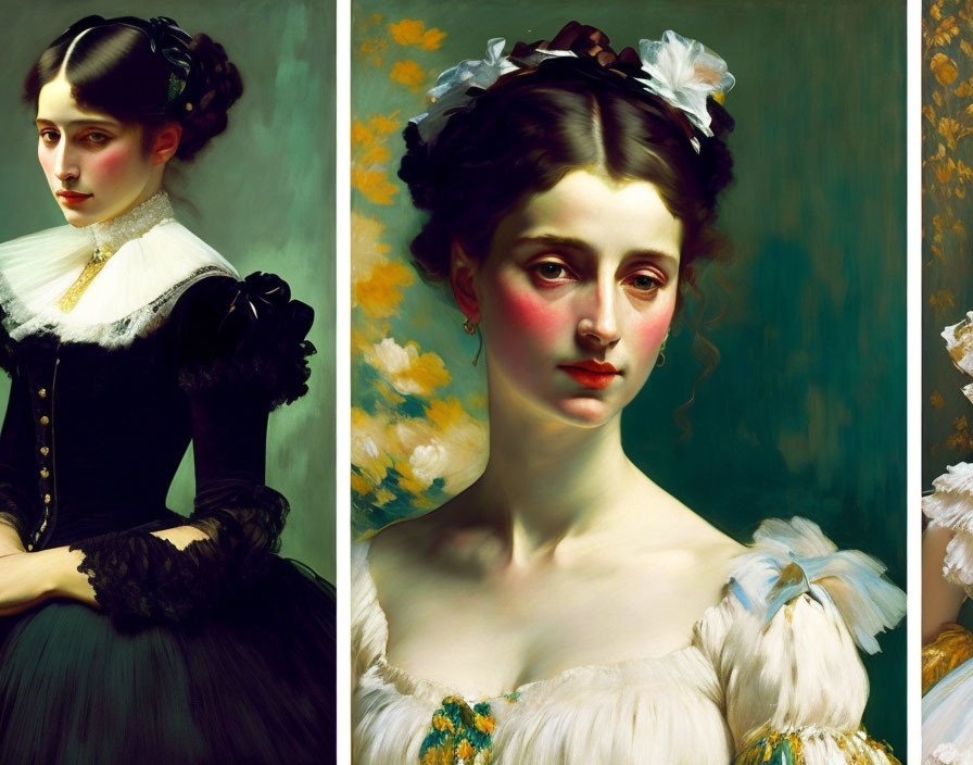 Detailed 19th-Century Woman Portraits with Floral Backgrounds