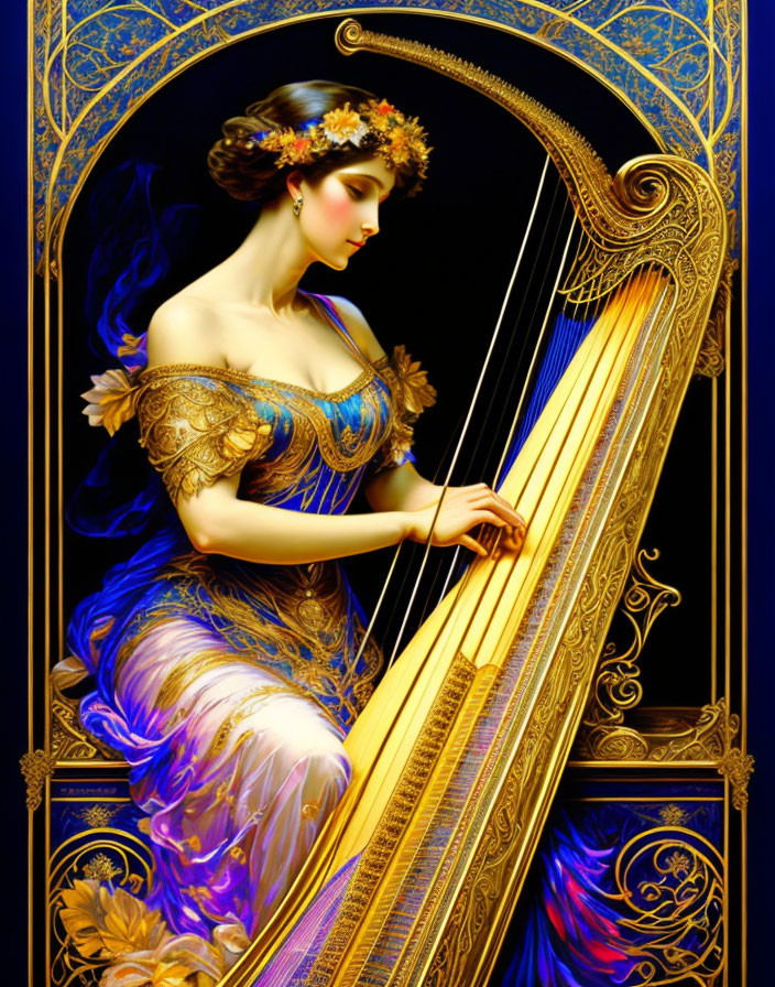 Woman with floral crown playing golden harp in ornate Art Nouveau frame.