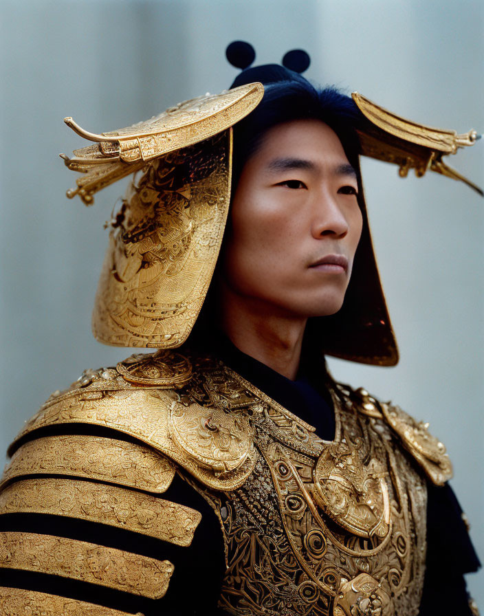 Man in ornate golden samurai armor and kabuto helmet