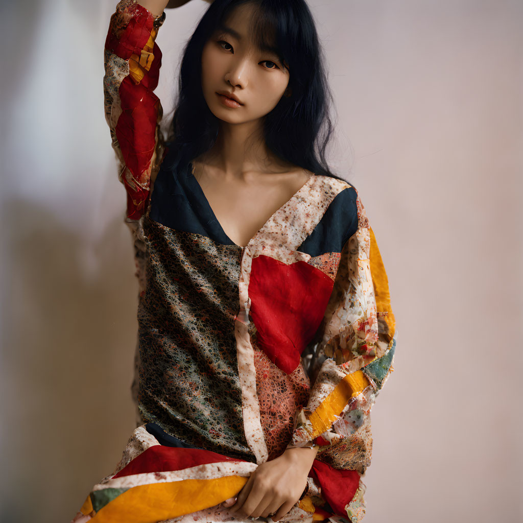 Dark-Haired Woman in Colorful Patchwork Garment on Neutral Background