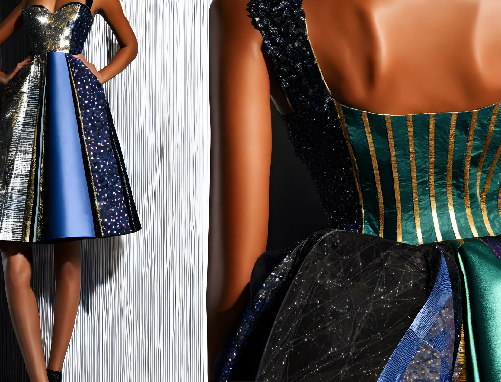 Two elegant dresses with intricate designs in blue, gold, and green hues