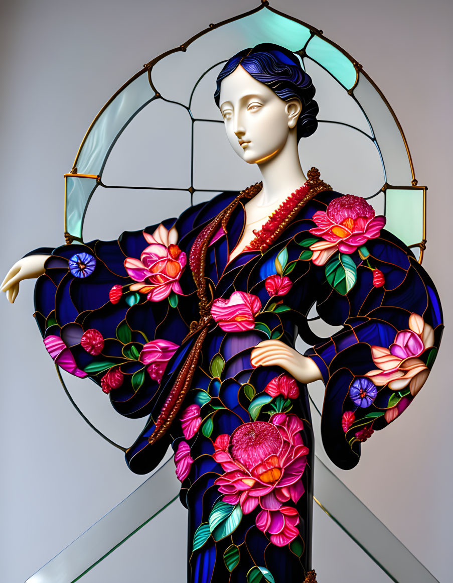 Colorful Stained Glass Artwork of Woman in Floral Kimono
