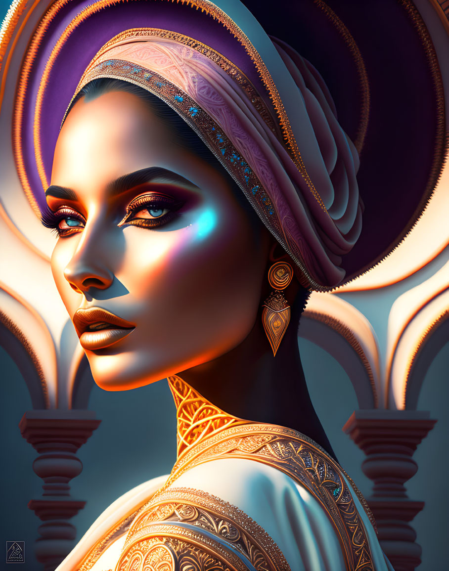 Colorful turban woman portrait with striking gaze and ornate attire against architectural backdrop
