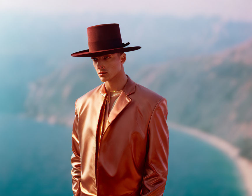 Stylish person in brown leather jacket and top hat against hilly background