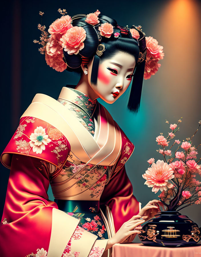 Digital illustration of geisha in red kimono with cherry blossom motifs