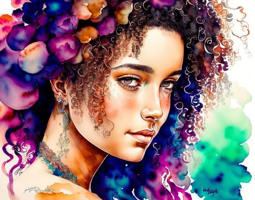 Colorful Watercolor Illustration of Woman with Curly Hair and Flowers