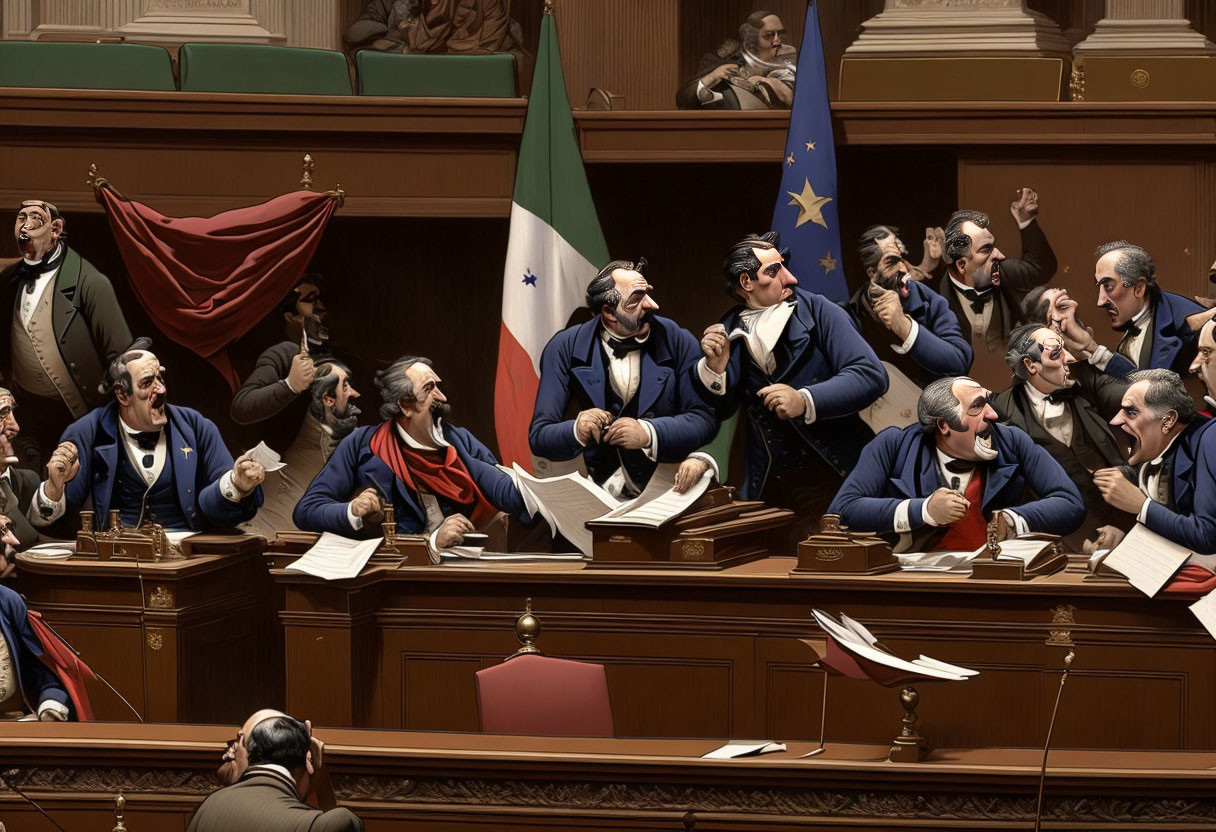 Exaggerated Parliamentary Debate Caricature with Flag Waving