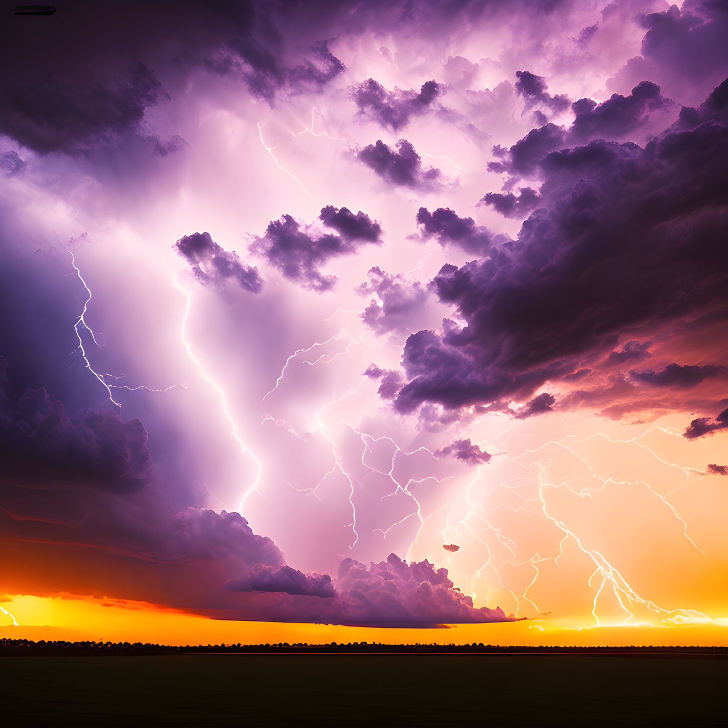 Multiple lightning strikes in dramatic sunset thunderstorm