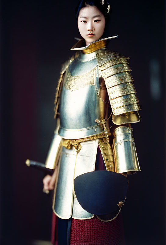 Traditional Asian-style armor warrior with helmet and sword in hand
