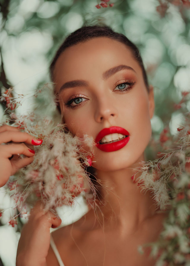 Woman with Blue Eyes and Red Lipstick Holding Flowers in Soft Focus