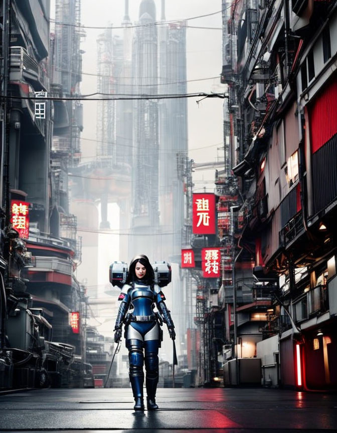 Futuristic female robot with intricate exoskeleton in urban alley with neon signs