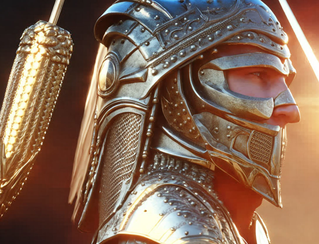 Detailed view of medieval knight in elaborate armor helmet with sunlight reflections.