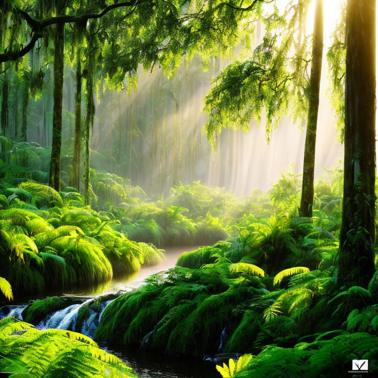 Lush forest with sunbeams, green ferns, moss-covered rocks, and a gentle stream