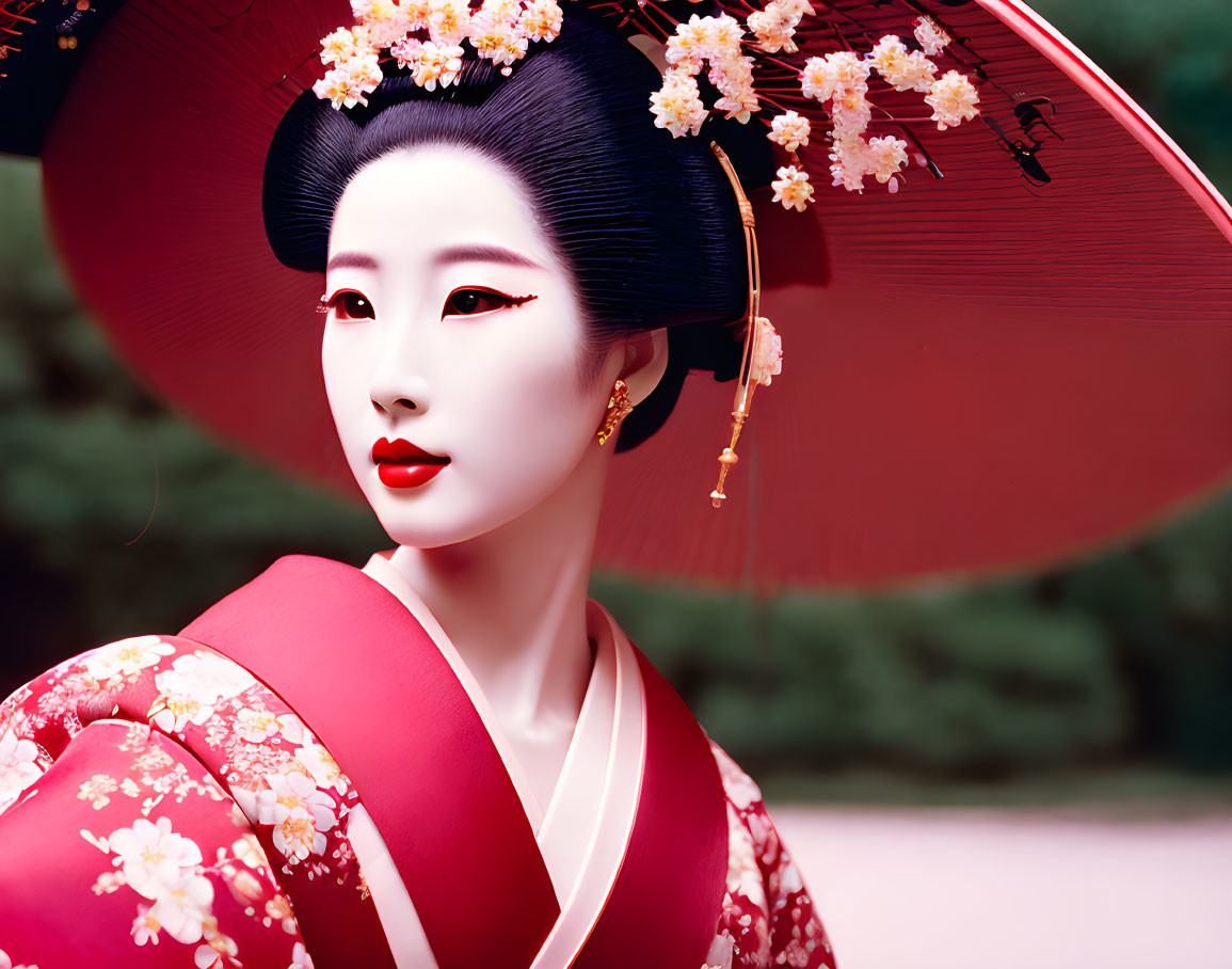 Traditional Japanese Geisha Attire with Red Umbrella and Cherry Blossoms
