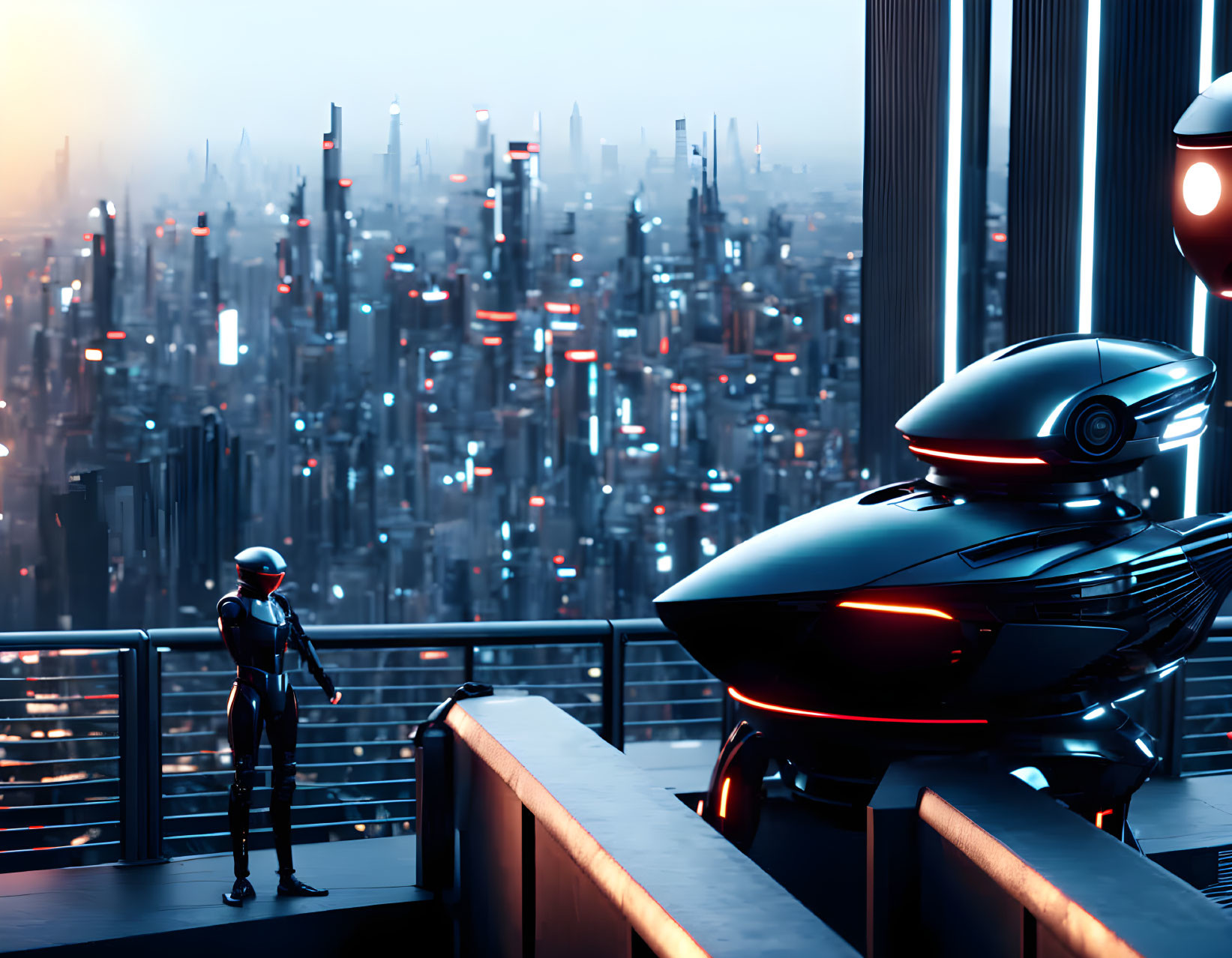 Futuristic suit person with robot on balcony overlooking cityscape at dusk