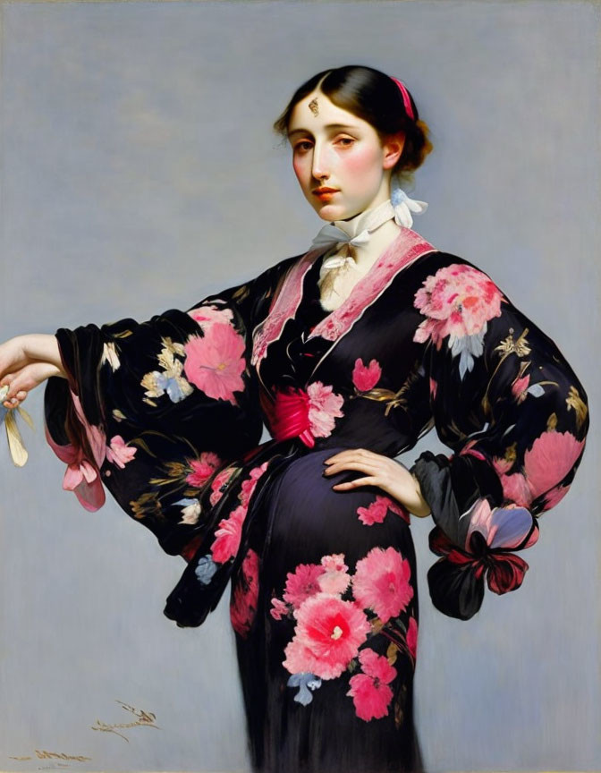 Portrait of Woman in Black Kimono with Pink Floral Patterns