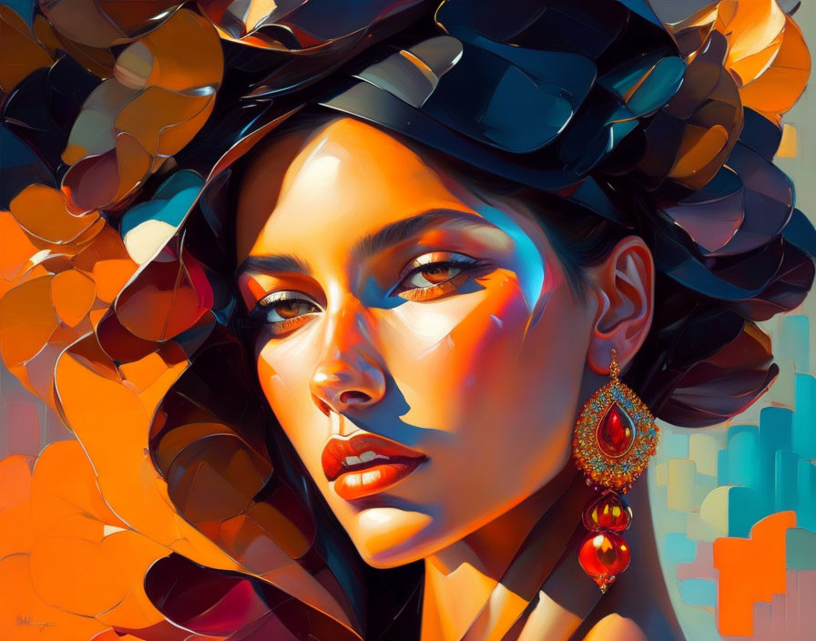 Colorful Portrait of Woman with Stylish Hat and Earrings