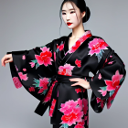 Portrait of Woman in Black Kimono with Pink Floral Patterns