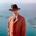 Stylish person in brown leather jacket and top hat against hilly background