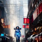 Futuristic female robot with intricate exoskeleton in urban alley with neon signs