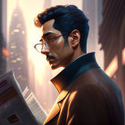 Digital Artwork: Distinguished Man with Mustache Reading Newspaper in Urban Setting