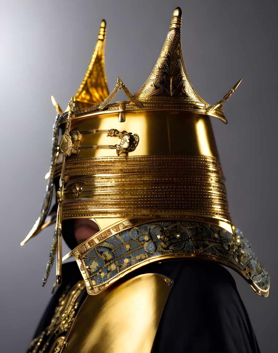 Elaborate Golden Samurai Helmet with Horns on Grey Background
