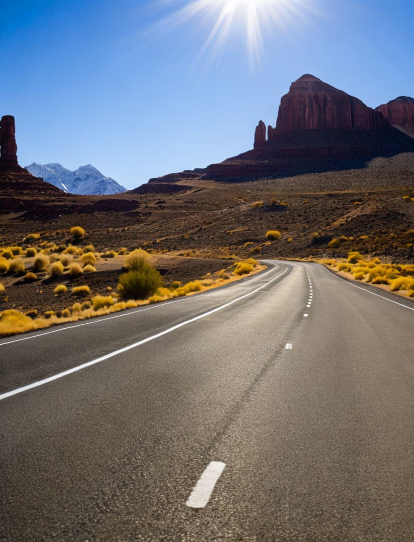 Arid landscape with winding road and distant mountains under bright sky