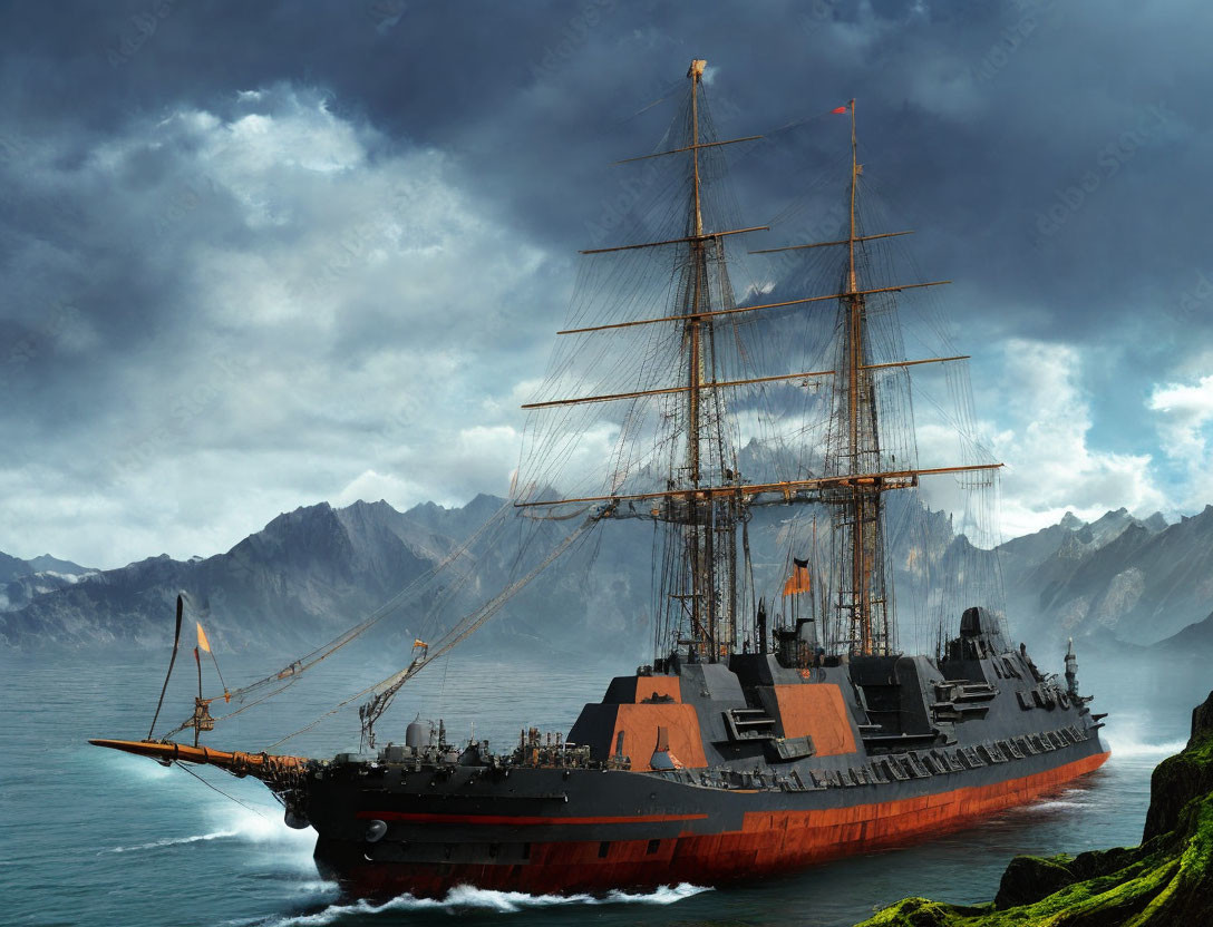 Sailing ship with modern warship features near rugged mountains under stormy sky