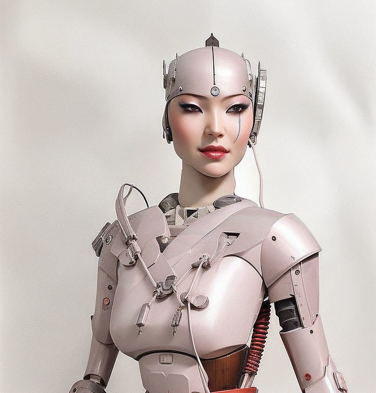 Female humanoid robot with metallic skin and intricate headgear