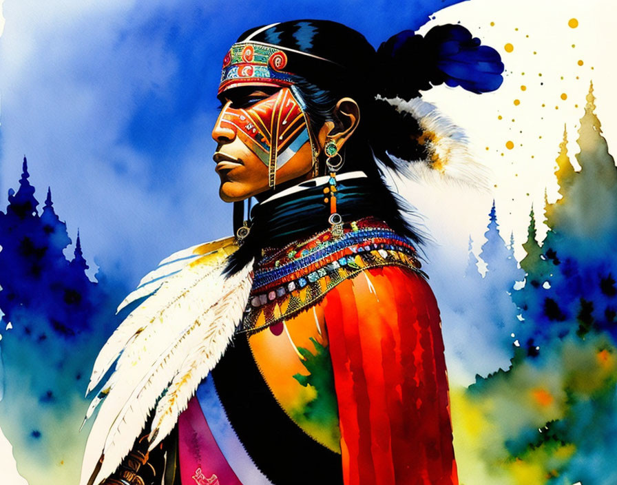 Native American profile with feather headdress and face paint against pine trees and colorful paint.