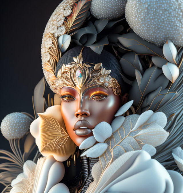 Digital art portrait featuring woman with gold mask and 3D flora in white and beige.