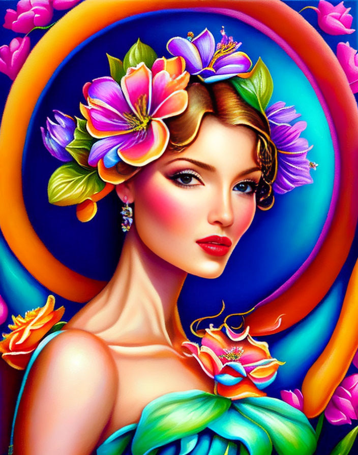 Colorful digital portrait of woman with floral hair against blue and orange backdrop