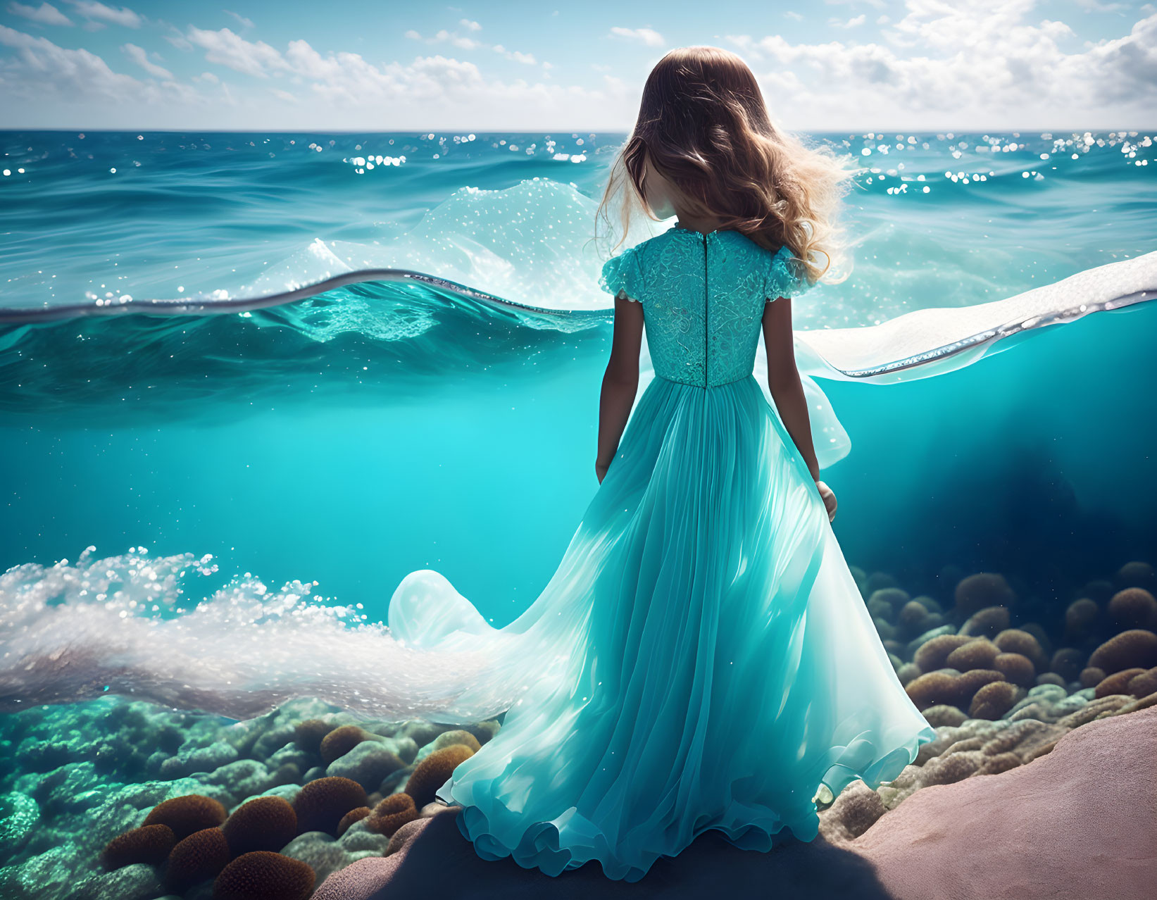 Girl in flowing turquoise dress by surreal sea with undulating waves and coral.