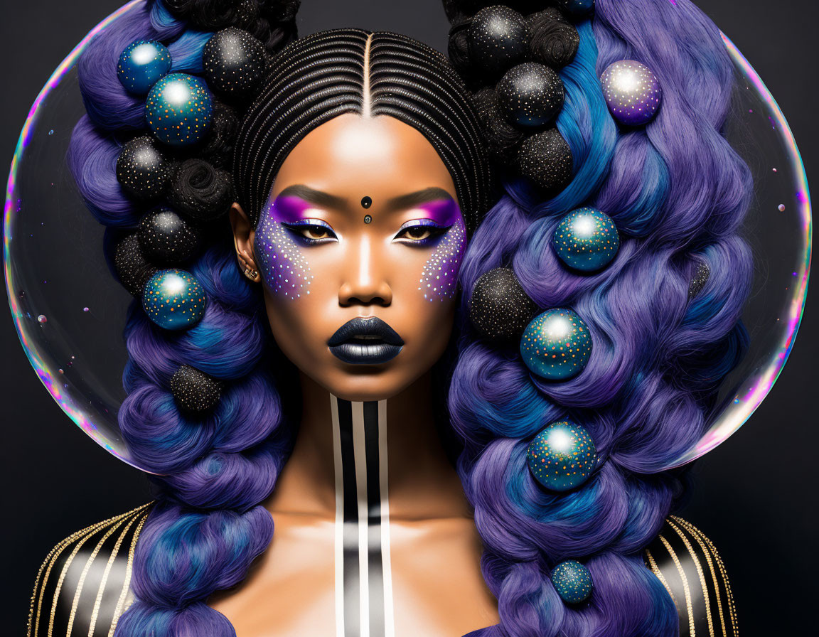 Elaborate Black and Purple Hair with Striking Purple Makeup