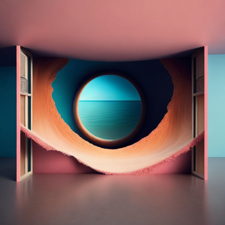 Surreal bookshelf with tunnel hole and ocean view on pink-blue gradient background