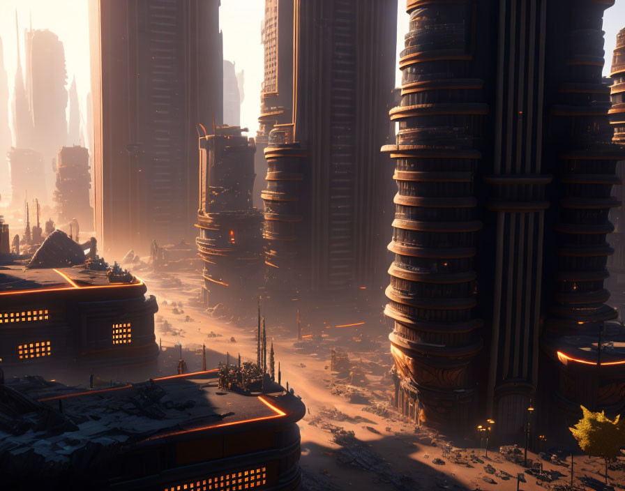 Futuristic cityscape with towering skyscrapers at sunrise or sunset