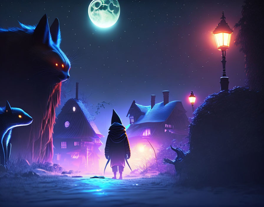 Mystical village scene with cloaked figure and blue foxes