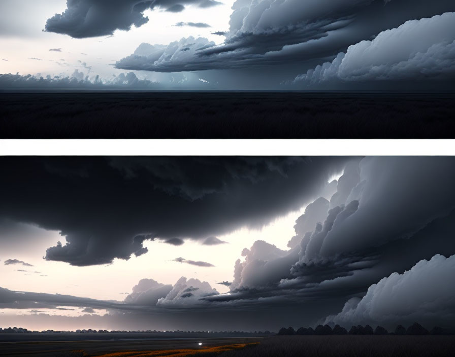 Panoramic images of storm clouds over open field with visible horizon