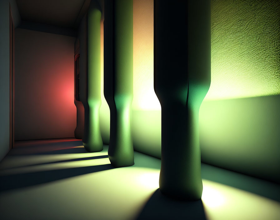Dimly Lit Corridor with Textured Walls, Columns Illuminated by Colored Lights