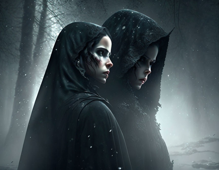 Two women in dark cloaks with dramatic makeup in misty snowy forest