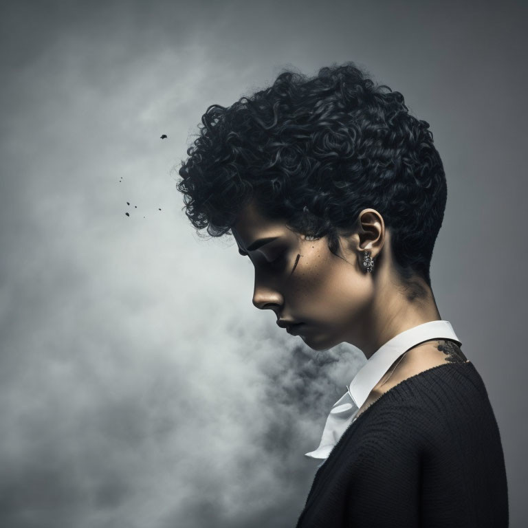 Portrait of person with short, curly hair and earrings in dark blouse on foggy background