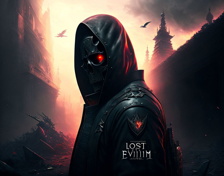 Menacing figure with glowing red eye in dark hood against apocalyptic skyline