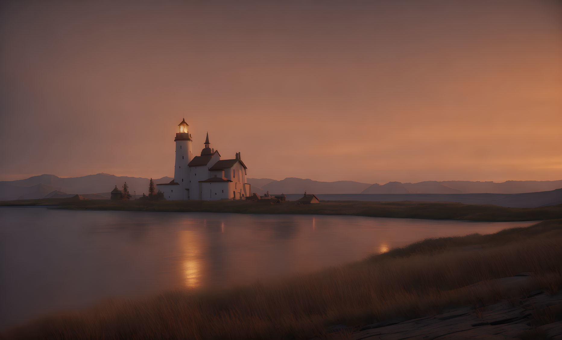 Tranquil sunset scene with lighthouse by calm lake