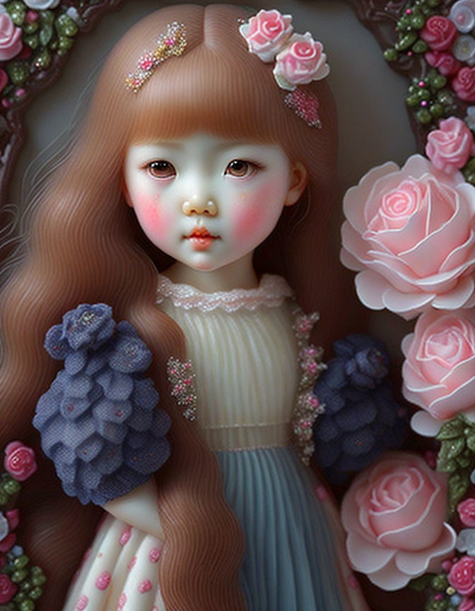 Brown-haired doll with pink roses, fair skin, rosy cheeks, in pastel floral dress