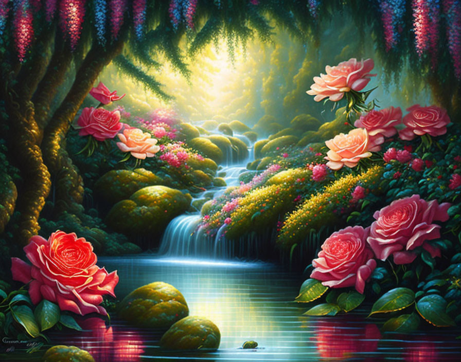 Colorful painting of serene garden with waterfall, roses, and sunrays