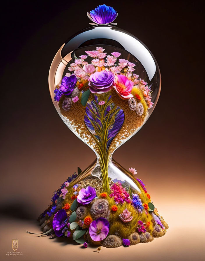 Hourglass with Vibrant Flower Fill Against Brown Background