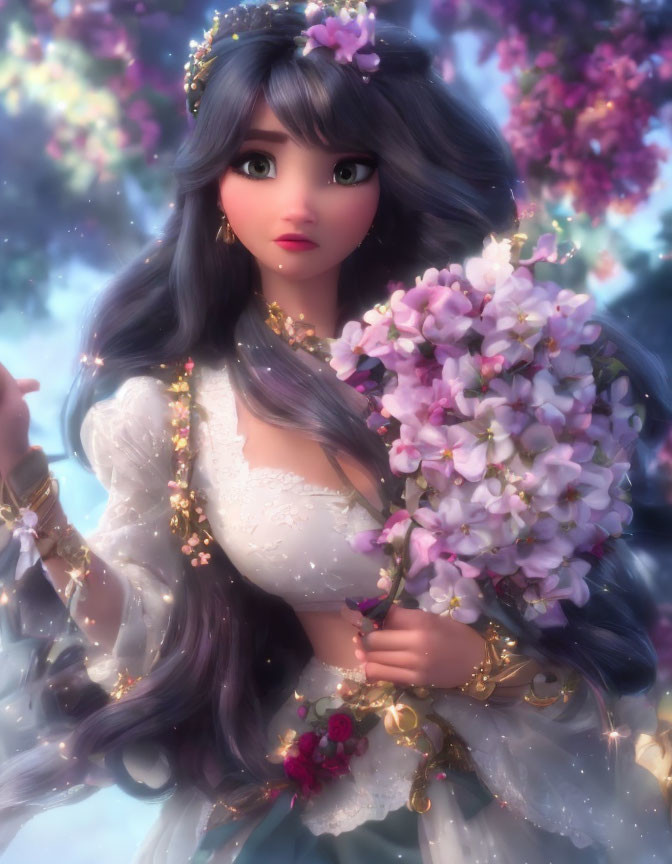 3D rendering of woman with long hair, flowers, crown, and jewelry in floral backdrop