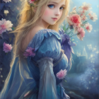 Illustrated fantasy maiden with flowing hair in blue dress in mystical forest